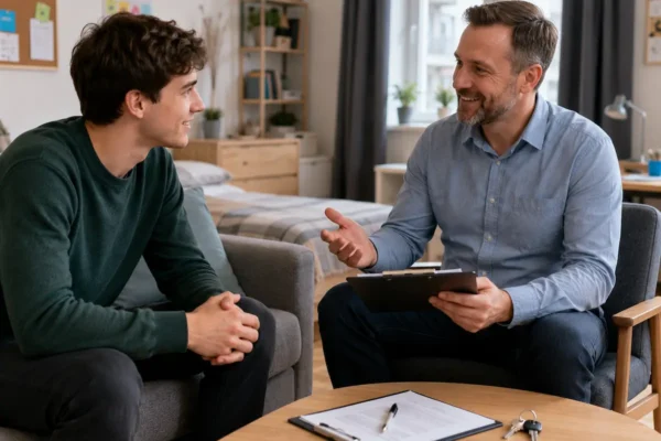 Student talking with private landlord in a rental room with tenancy agreement and keys on table