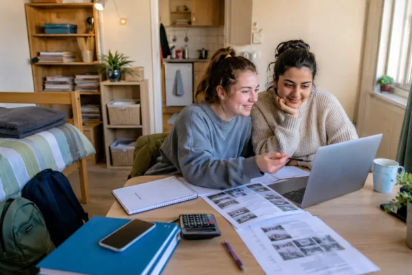 Students comparing cheap student accommodation options in a shared room
