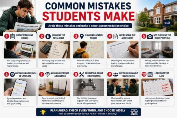 Common student accommodation mistakes including poor research, hidden costs, bad location, and unread tenancy agreements