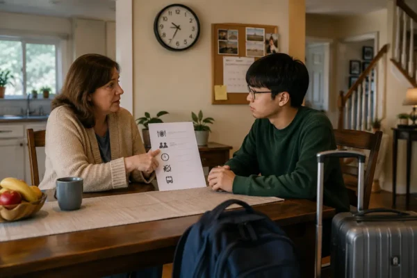 International student discussing homestay rules with a host family, including meal times, guest rules, quiet hours, independence, and travel time to campus.