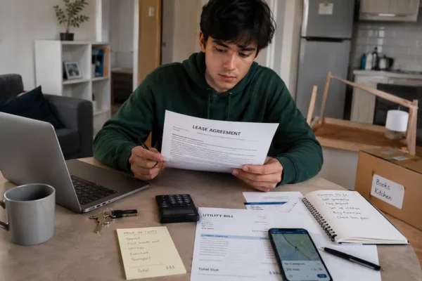 International student reviewing an off-campus apartment lease, utility bills, deposit costs, furniture needs, and transport time to campus.