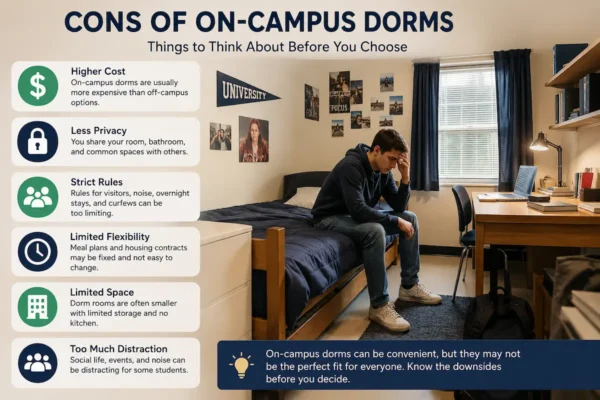 Infographic showing cons of on-campus dorms, including higher cost, less privacy, strict rules, limited flexibility, small space, and distractions.