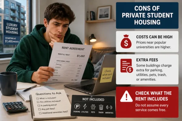 Student reviewing private student housing costs, rent agreement, extra fees, utilities, parking, pets, trash, and amenities before signing.