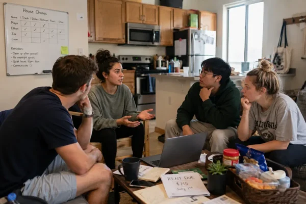 Roommates discussing shared housing problems, including cleaning, noise, guests, rent dates, food sharing, and utility payments.