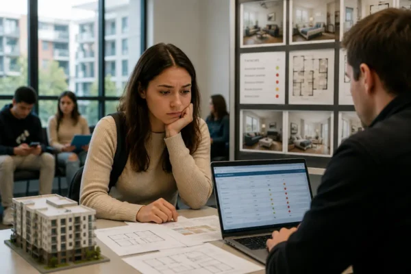 Student reviewing university apartment availability, waiting lists, floor plans, costs, and application deadlines before choosing housing.
