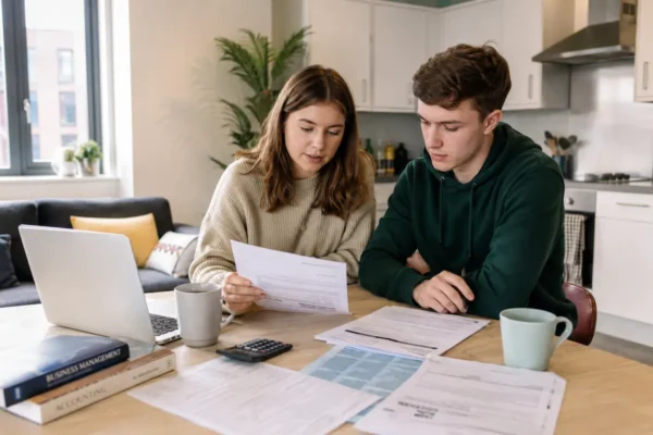 Students reviewing council tax documents in shared accommodation, showing student bills, exemption checks, and budgeting paperwork.