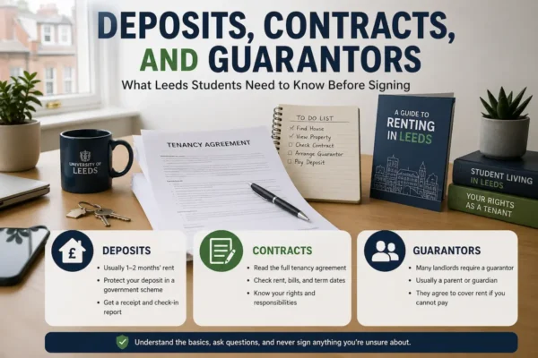 Leeds student housing documents showing tenancy agreement, deposit details, contract checks, and guarantor requirements before signing.