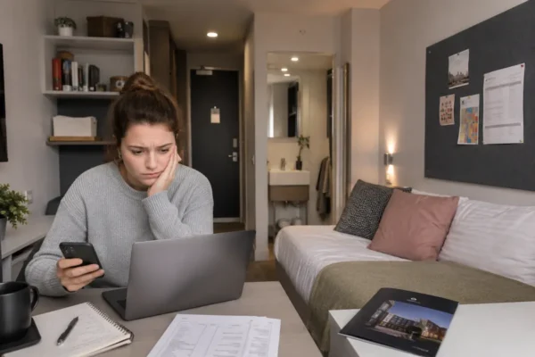 Student reviewing private hall costs and rules in a Manchester studio room, showing higher rent, fixed contracts, and possible downsides of private student halls.