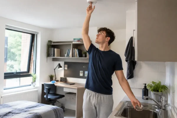 Student checking smoke alarm and sink drain in a student room for essential maintenance skills