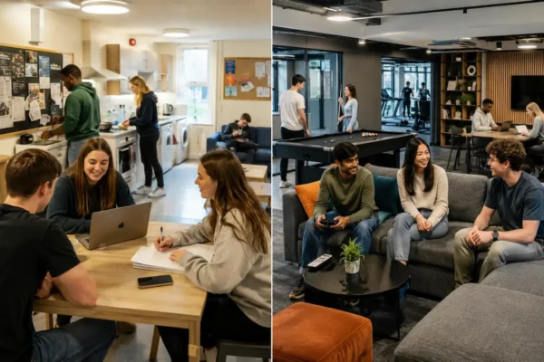 Comparison of university halls and private halls showing shared kitchens, common rooms, study areas, gym space, and student social life.