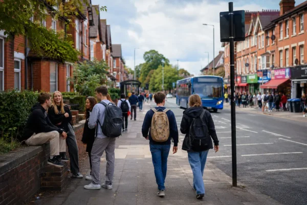 Students walking through Fallowfield in Manchester near red-brick houses, shops, and bus routes, showing the pros and cons of student living.