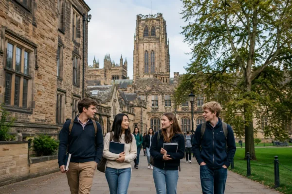 Students walking on campus at one of the hardest universities to get into in the UK