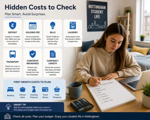 Nottingham student budgeting infographic showing hidden costs like deposit, holding fee, bills, laundry, transport, contents insurance, and first-month moving costs.