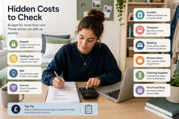 Student budgeting for hidden accommodation costs, including deposit, holding fee, bills, internet, laundry, transport, bedding, kitchen items, and cleaning supplies.