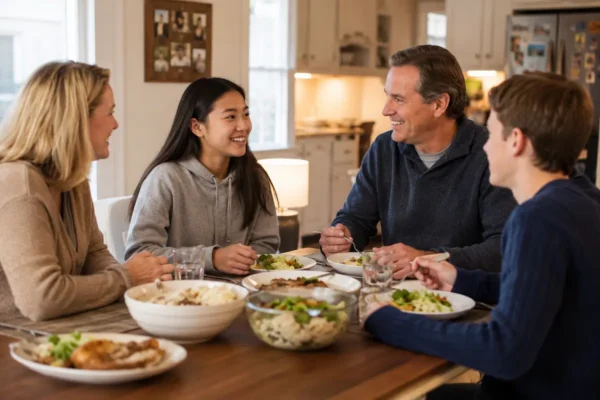 International student sharing a meal with an American host family, showing homestay housing, cultural support, home-cooked meals, and English practice.