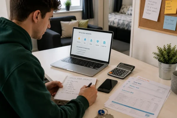 Student setting up household utility bills with laptop calculator bills checklist and keys in a rental room