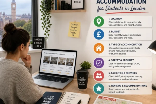 Student comparing London accommodation options with a checklist for location, budget, safety, facilities, and housing type.