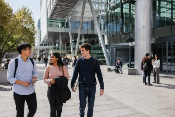 Students walking outside a modern Imperial College London style campus building, showing a competitive STEM university in the UK.