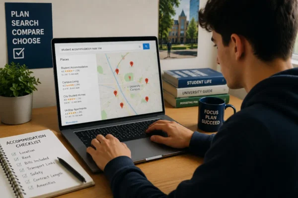 Student using local search on laptop to find nearby student accommodation with map and housing checklist