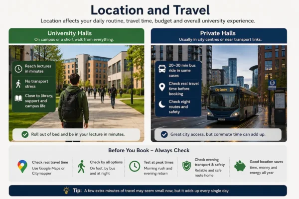 Comparison infographic showing location and travel differences between university halls and private halls, including campus access, bus routes, commute time, and evening transport safety.