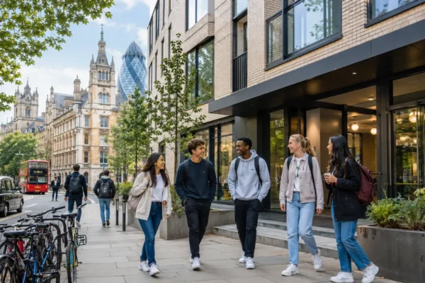 Students walking outside modern London student housing near major university buildings with a red bus and city street nearby.
