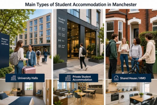 Main types of student accommodation in Manchester, showing university halls, private student accommodation, and shared house HMO options.