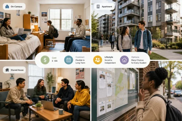 International students comparing main types of student housing in the USA, including on-campus housing, apartments, shared houses, cost, contract, and lifestyle options.