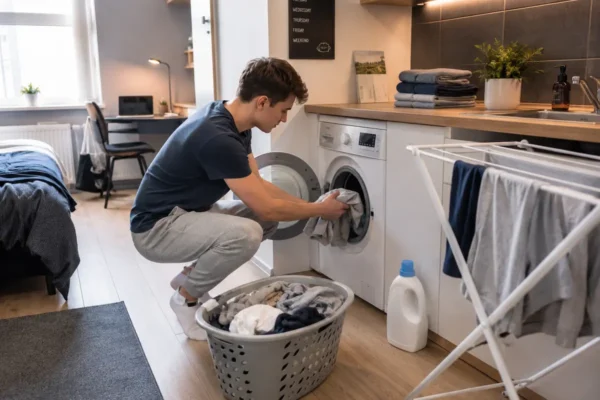 Student doing laundry in a compact student flat with washing machine drying rack and laundry basket
