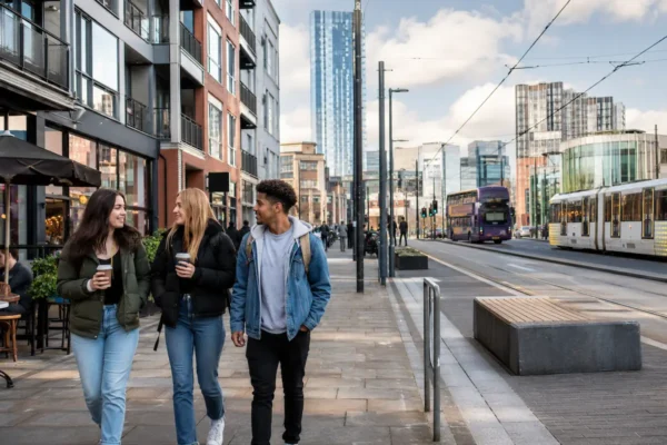 Students walking through Manchester City Centre near trams, modern apartments, cafes, and transport links, showing city centre student accommodation.
