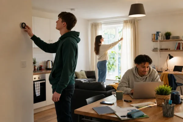 Students saving energy in a shared student home by adjusting thermostat using daylight and studying together