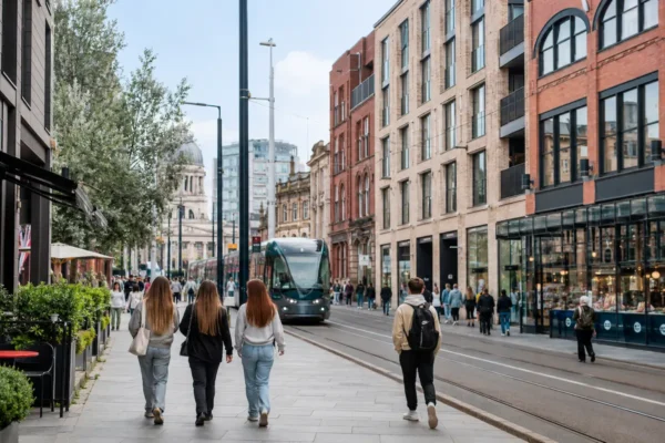 Students walking through Nottingham City Centre near tram links, shops, restaurants, and modern student accommodation close to NTU.