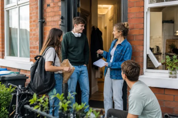 Students collecting keys outside a private shared house in Nottingham, showing HMO student housing, housemates, bills, contracts, and shared living.