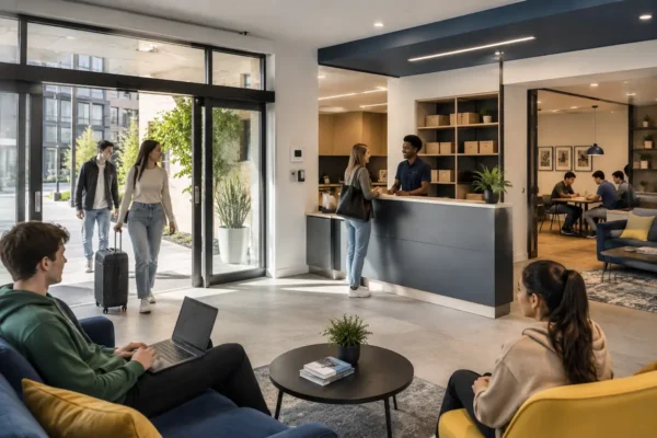 Students entering a modern private student accommodation building in Manchester with reception, secure entry, study spaces, and shared lounge areas.