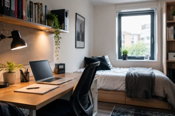 Organized student room with study desk laptop lamp books and bed for a productive study environment