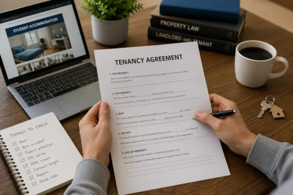 Student reading tenancy agreement and checking rent deposit bills and contract terms before renting accommodation