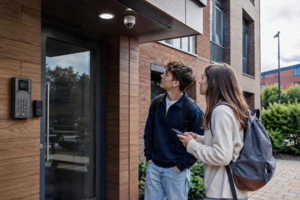 Students checking secure entry, CCTV, door lock, and building safety before booking a Nottingham student room.