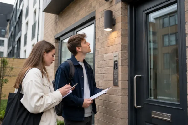 Students checking secure entry, CCTV, door lock, lighting, and safety details before booking a Portsmouth student room.