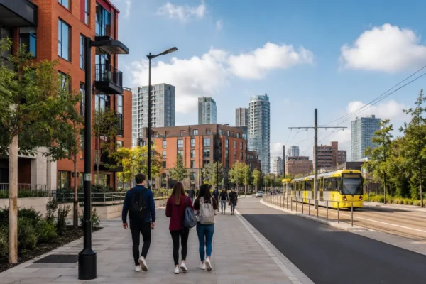 Students walking through Salford near modern apartments, tram links, and city buildings, showing student accommodation options for University of Salford students.