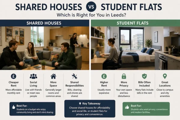 Comparison infographic showing shared houses and student flats in Leeds, including rent, privacy, space, bills, social living, and student housing choices.