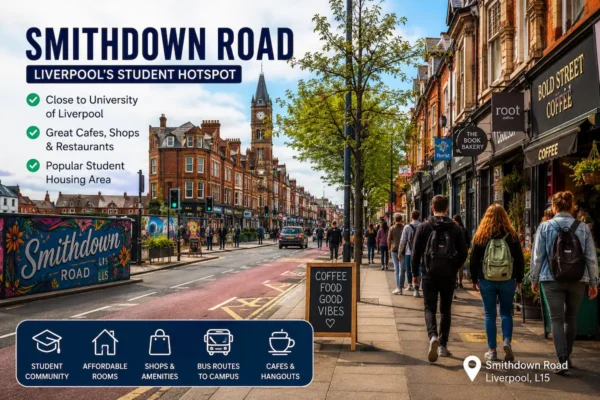 Smithdown Road in Liverpool with students, cafes, bus routes, and affordable student housing near the University of Liverpool.