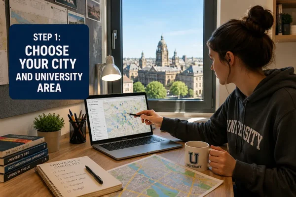 Student checking a city map and university area before choosing student accommodation