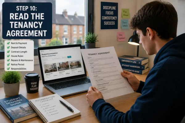 Student reading a tenancy agreement before booking student accommodation