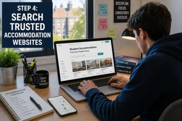 Student searching trusted accommodation websites on laptop before booking student housing