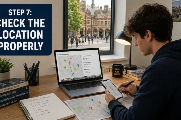 Student checking accommodation location on map before booking student housing