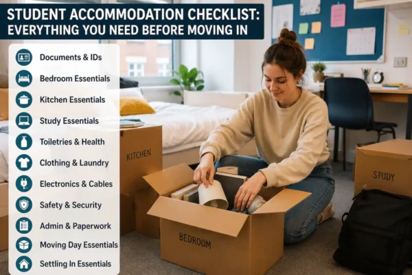 Student accommodation checklist showing a student packing boxes with bedroom, kitchen, study, toiletries, safety, paperwork, and moving day essentials in a UK student room.