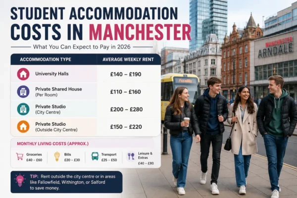 Student accommodation costs in Manchester infographic showing weekly rent for university halls, shared houses, private studios, bills, transport, and living expenses.