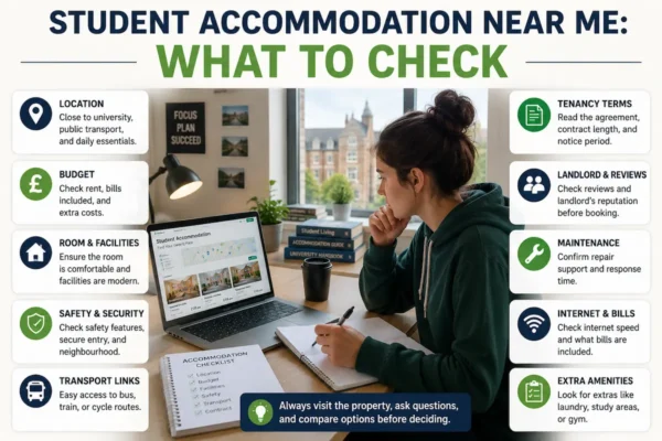 Student checking nearby accommodation options, rent, safety, transport, and facilities before booking