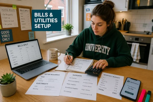 Student setting up bills and utilities in a shared UK accommodation, with laptop, calculator, meter readings, supplier forms, monthly budget, and bill-splitting checklist.