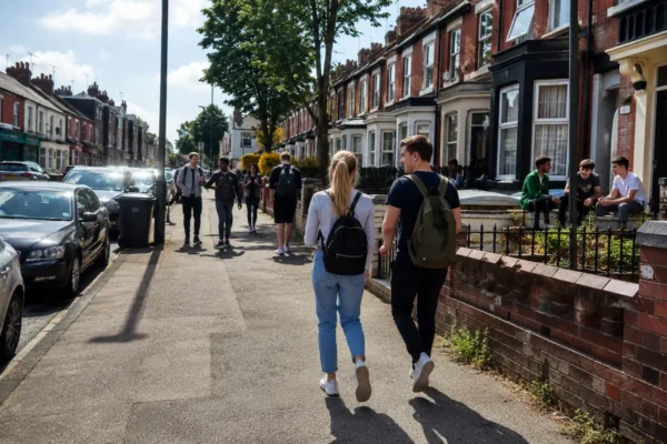 Students walking through Hyde Park Leeds near shared terraced student houses, showing busy student streets and housing close to campus.