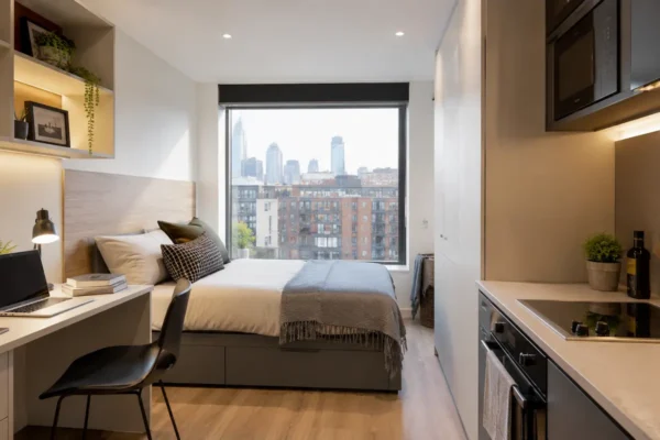 Modern student studio accommodation in London with a private bed, study desk, kitchenette, and city view.